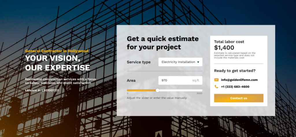 Web layout for general contractor with quick estimate tool